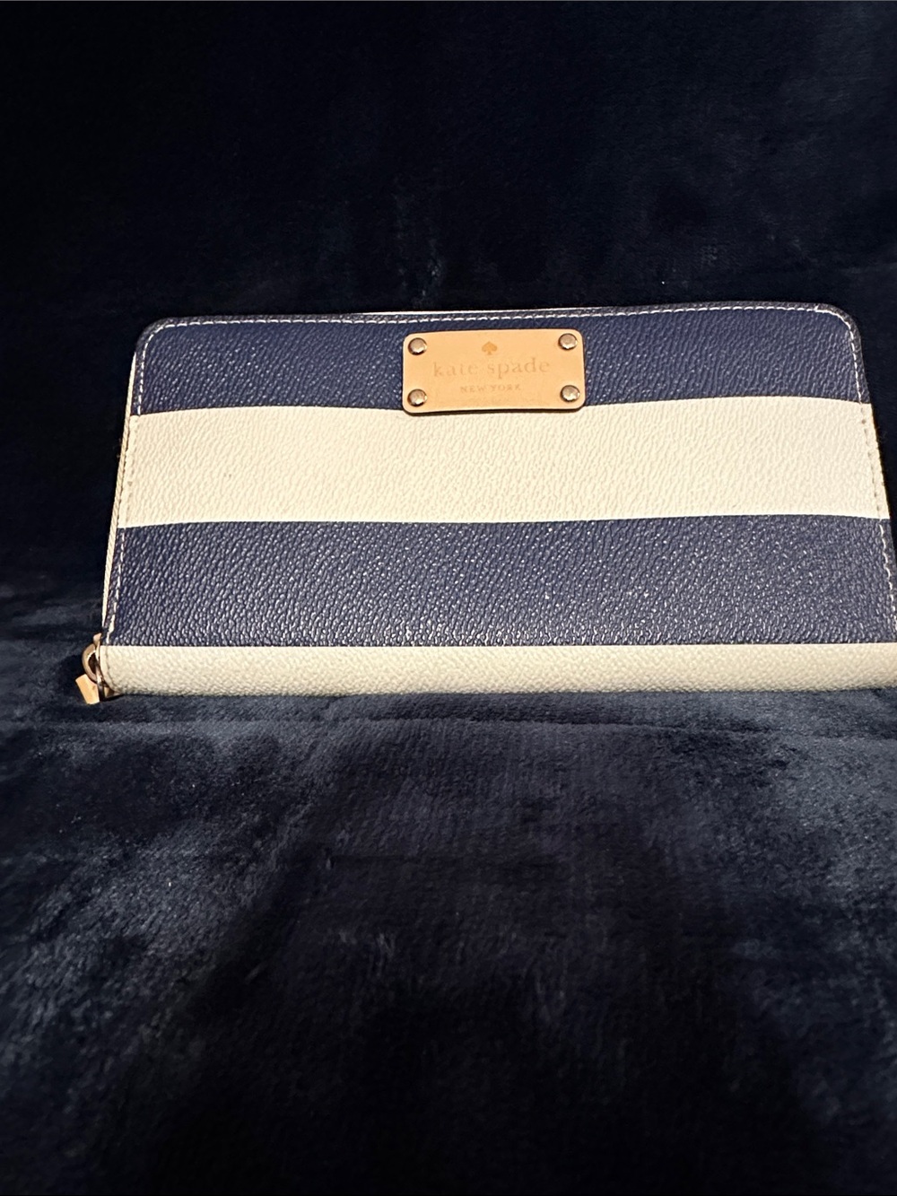 Kate Spade Navy and Cream Striped Zip Wallet with Leather Plaque